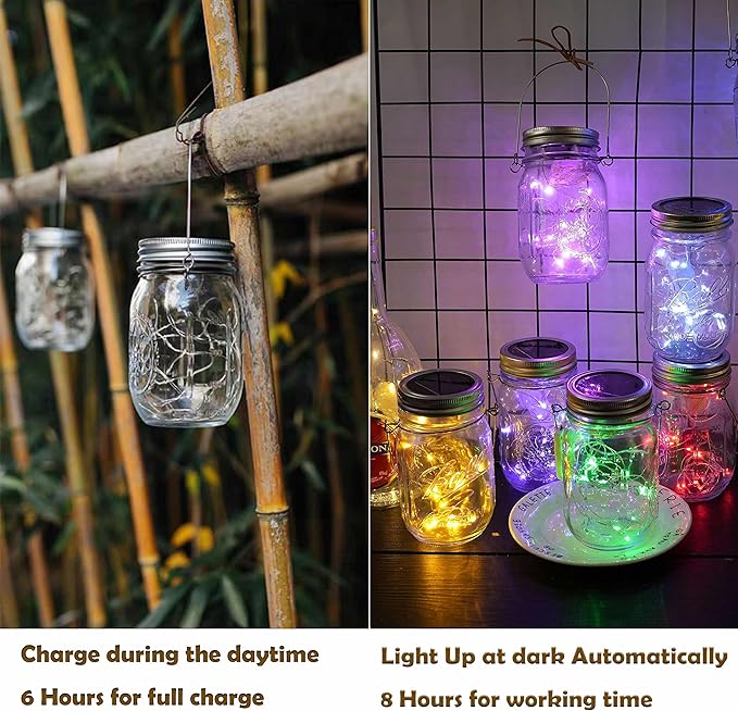 Decorman Solar Mason Jar Lid Lights, 6 Pack 20 LED Waterproof String Fairy Star - Image 4