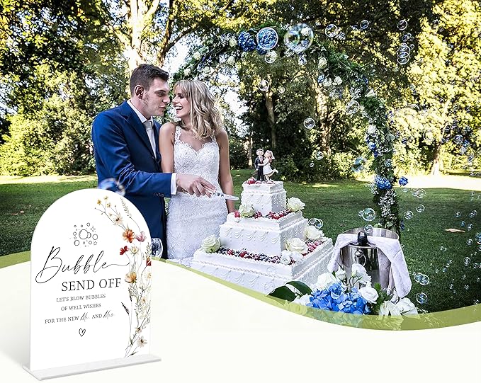Boho Floral Bubble Send Off Sign, 6 x 8 Inch White Arch Acrylic Wedding Sign - Image 6