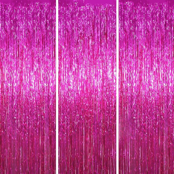 3 Pack 3.3x8.2 Feet Pink Foil Fringe Backdrop Curtains, Tinsel Streamers by Voircoloria