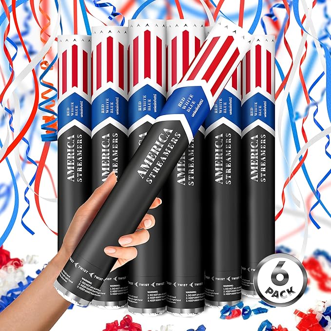 16" America Streamers Cannon Red White & Blue Streamer Poppers No Mess by JAPJA