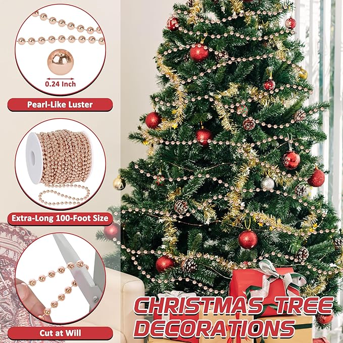 100 Feet Christmas Tree Decor, Rose Gold Christmas Tree Garland, Artificial - Image 3