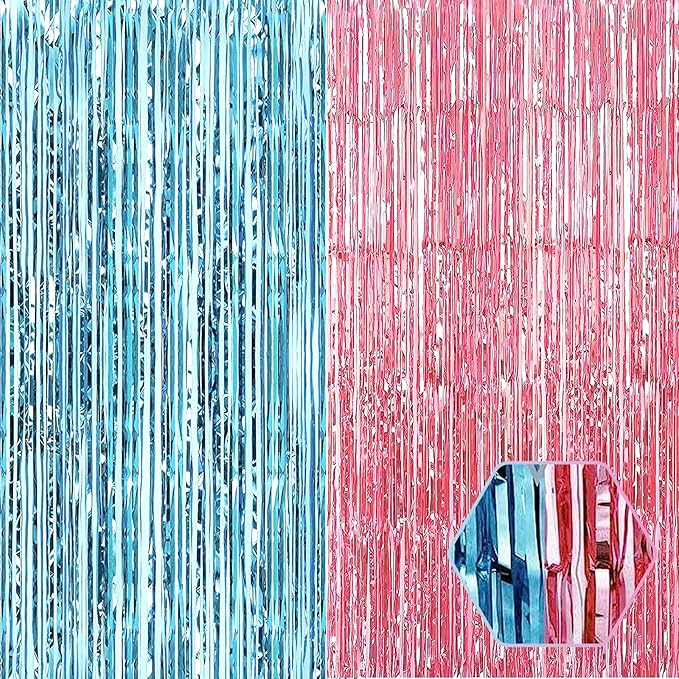 6 Pack Pink Blue Foil Fringe Curtain Backdrop, 3.28Ft x 8.2Ft Metallic Tinsel by Ferwzsr