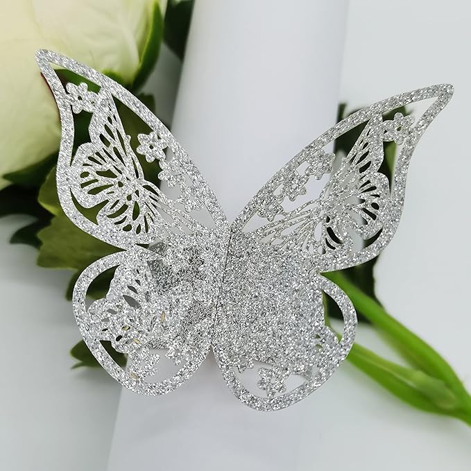 Butterfly Bright Silver Paper Napkin Rings Set of 100 pcs，3D Laser Cutout Paper by Wlirantim