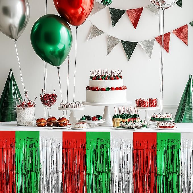 2 Pack Christmas Table Skirts, 29x108" Red & Silver & Green Metallic Foil - Image 9