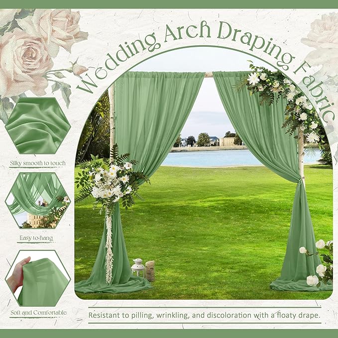 VACVELT Wedding Arch Draping Fabric Sage Green Chiffon, 1 Panel Sheer Drapes 30 - Image 4