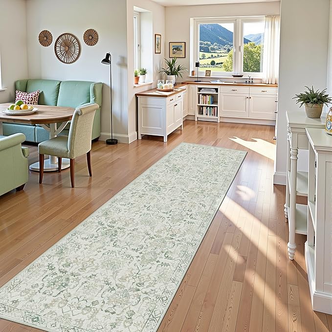 Green 3x12 Runner Rug for Hallways Bed Side Kitchen, Boho Washable Distressed - Image 3