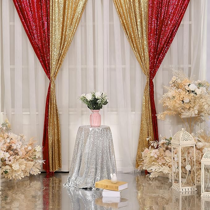Poise3EHome 2Pcs 3Ft x 8Ft Red Sequin Backdrop Curtain - Image 4