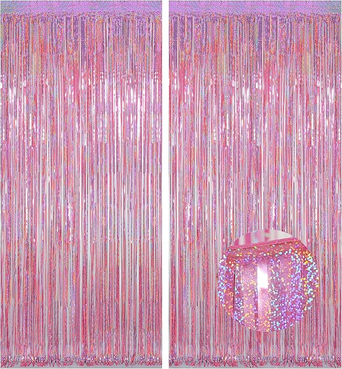 Melsan Pink Tinsel Curtains Backdrop, 3.2 ft x 8.2 ft Sparkle Metallic Foil by Melsan