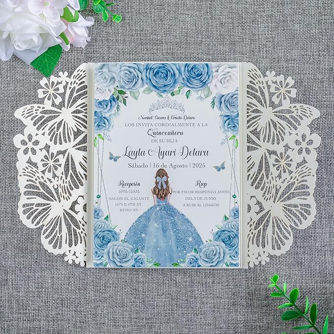 20 PCS 5.12x7.2 Butterfly Quinceanera Invitation, Laser Cut Wedding Invitation - Image 6