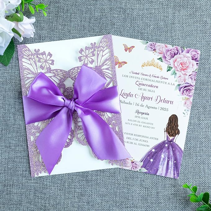 20 PCS 5.12x7.2 Butterfly Quinceanera Invitation, Laser Cut Wedding Invitation - Image 5