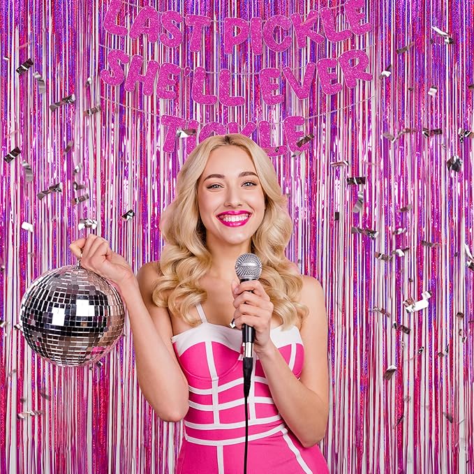 Melsan 2 Pack 3.2 ft x 8.2 ft Hot Pink Tinsel Foil Fringe Curtains Backdrop - Image 3