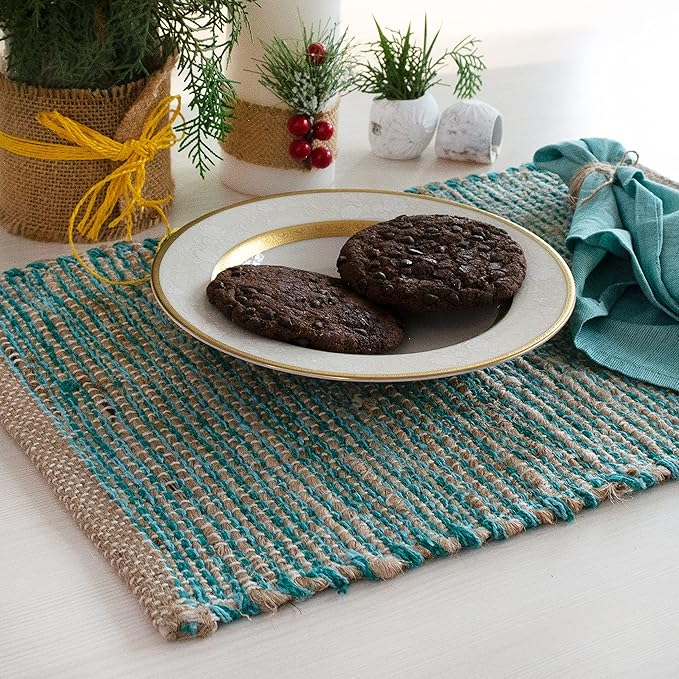 Chardin Home Natural Jute & Aqua Turquoise Placemats, 13x19 in Dining Table - Image 8