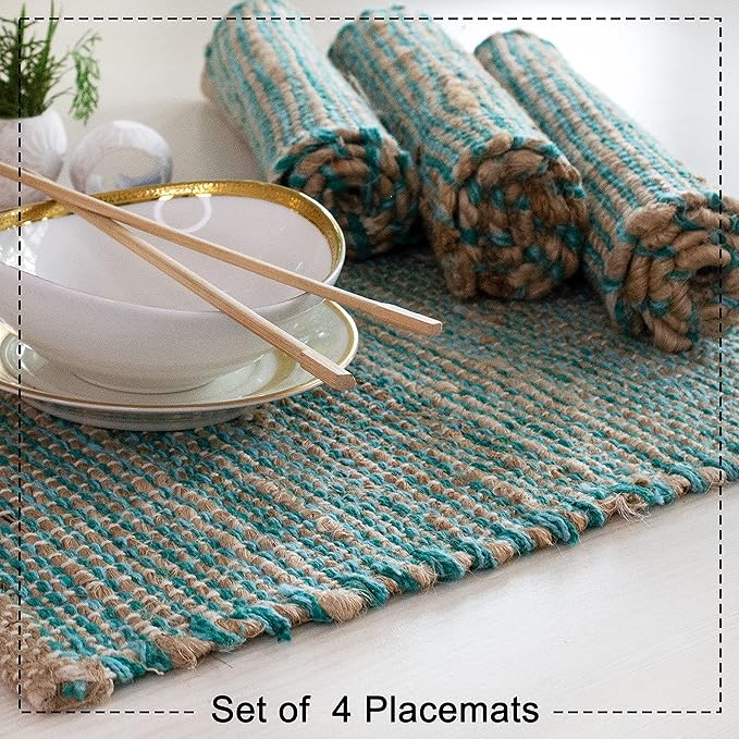Chardin Home Natural Jute & Aqua Turquoise Placemats, 13x19 in Dining Table - Image 5
