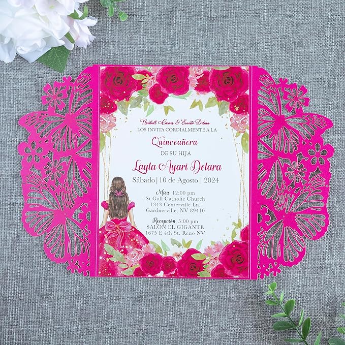 20 PCS 5.12x7.2 Butterfly Quinceanera Invitation, Laser Cut Wedding Invitation - Image 5