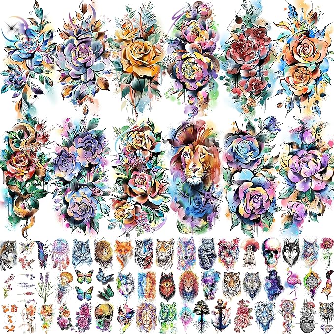 63 Sheets 3D Watercolor Rose Temporary Tattoos by EGMBGM