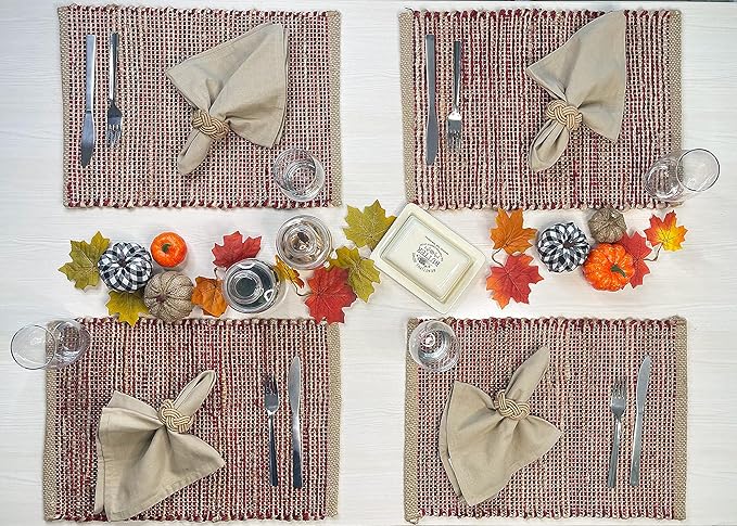 Chardin Home Natural Jute & Red Placemats, 13x19 Inch Dining Table Placemats - Image 8