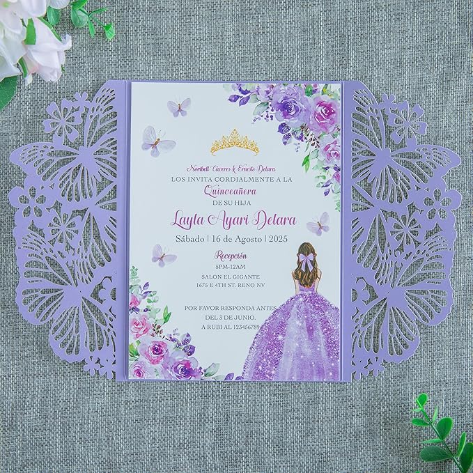 20 PCS 5.12x7.2 Butterfly Personalized Quinceanera Invitation, Customized XV - Image 3