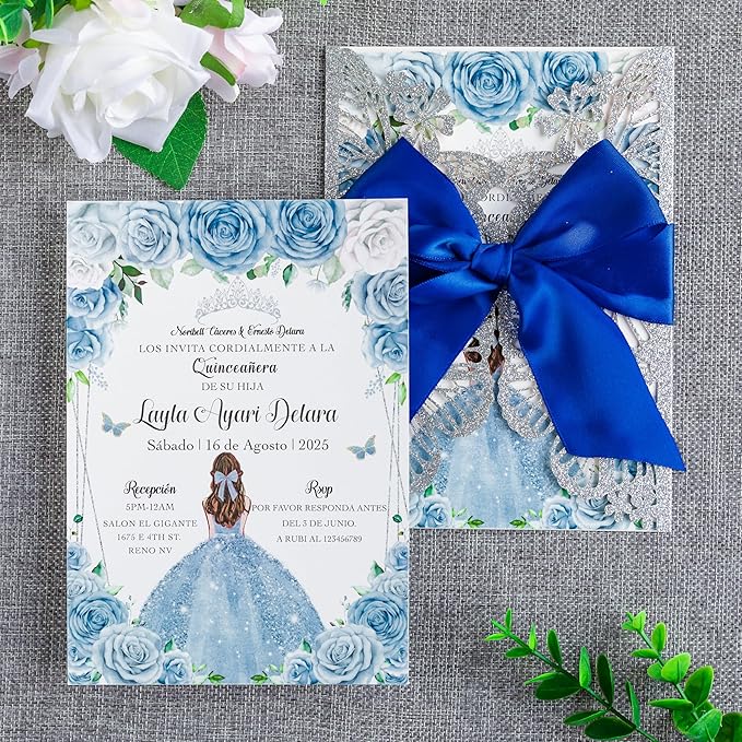 20 PCS 5.12x7.2 Butterfly Personalized Quinceanera Invitation, Customized XV by FEIYI