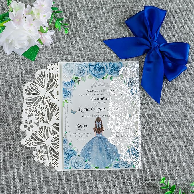 20 PCS 5.12x7.2 Butterfly Quinceanera Invitation, Laser Cut Wedding Invitation - Image 8